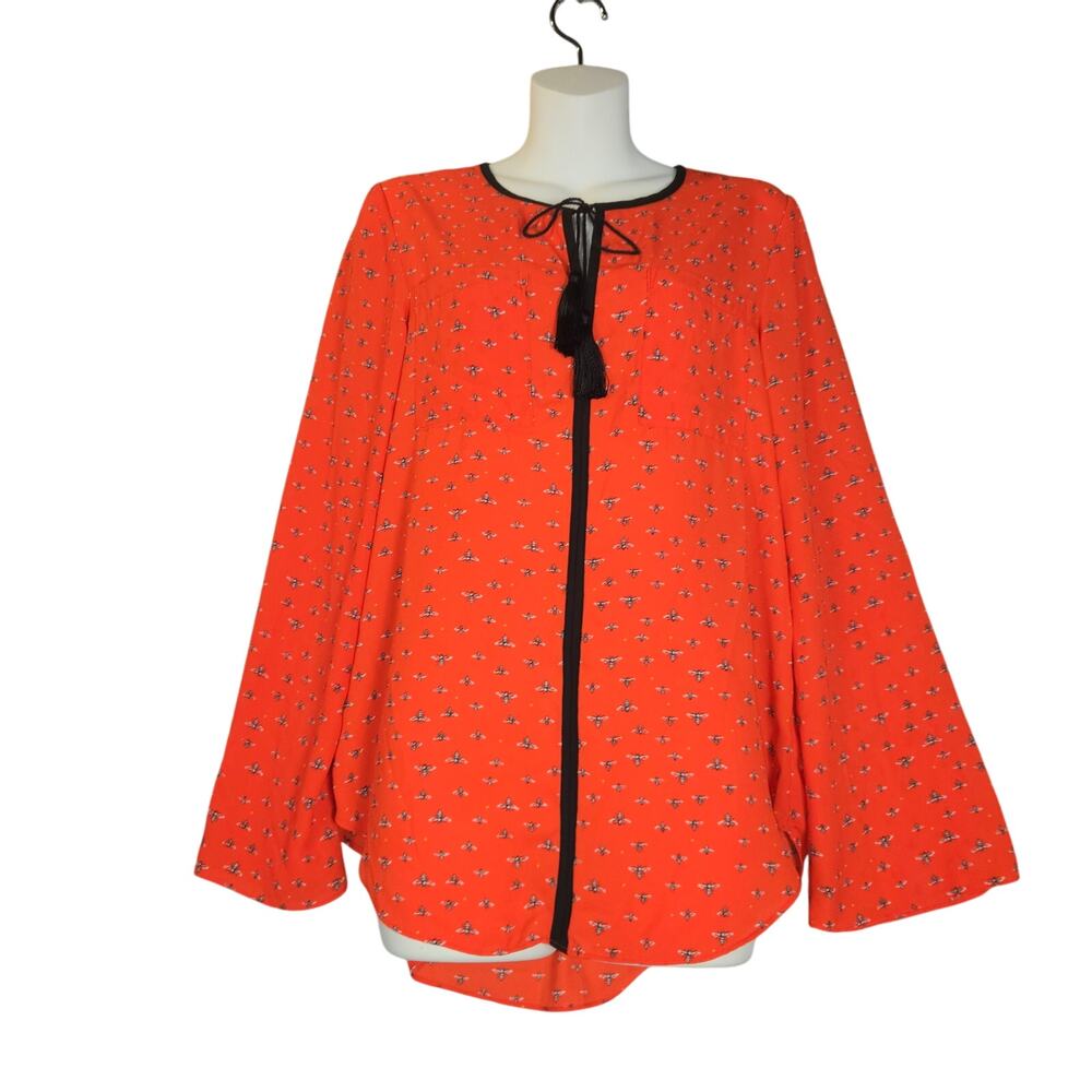 Libby Edelman Womens XS Top Graphic‎ Print Bees Lightweight Tassels Flowy Tunic